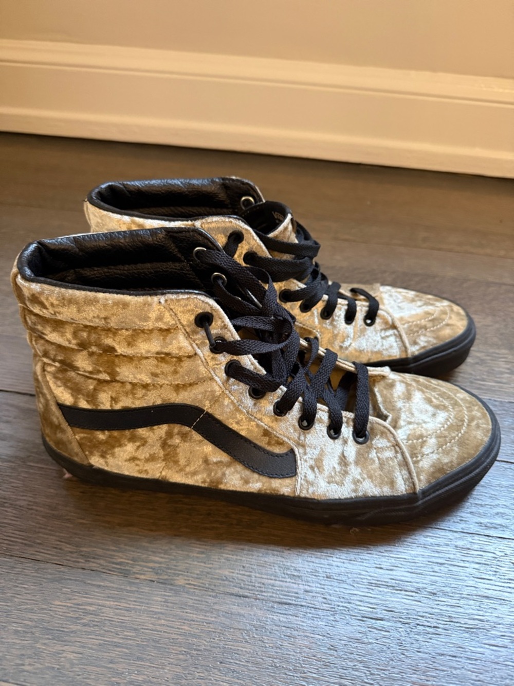 Vans Velvet High Top Sneakers in Gold and Black